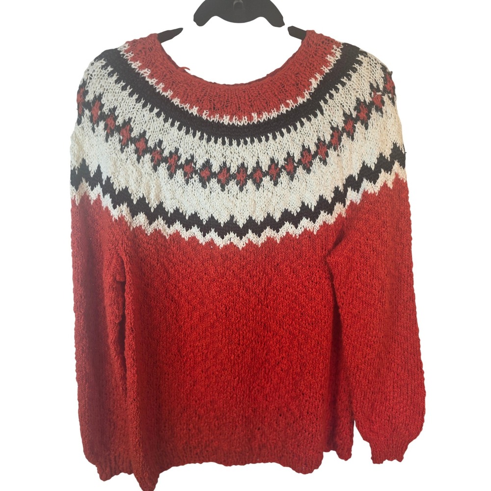Womens Red Fair Isle Knit Sweater Crew Neck Long Sleeve Winter Pullover